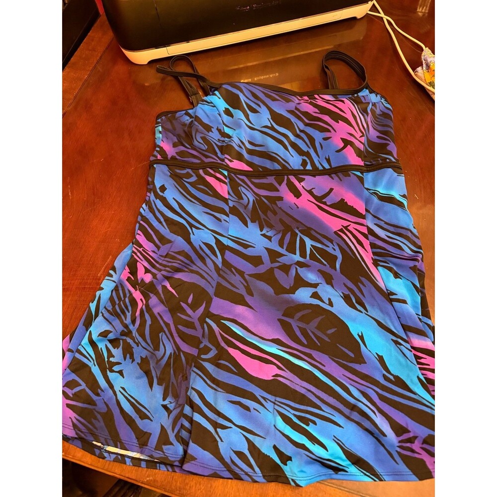 Women’s One-Piece Swimdress in Blue & Purple Print